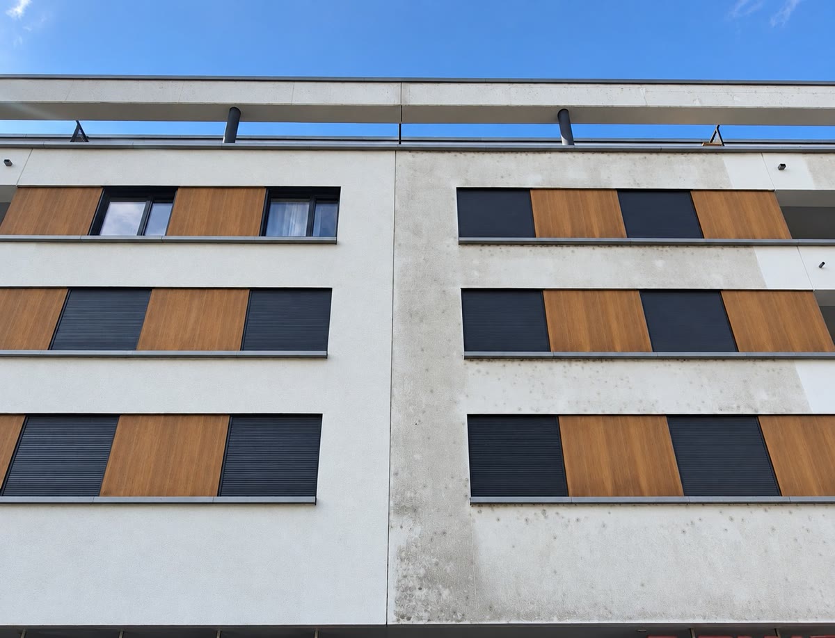 Fassade eines Wohn- und Geschäftshauses: links die gereinigte, weiße Fläche, rechts die noch grau verschmutzte, dazwischen eine scharfe senkrechte Kante an der Gebäudefuge